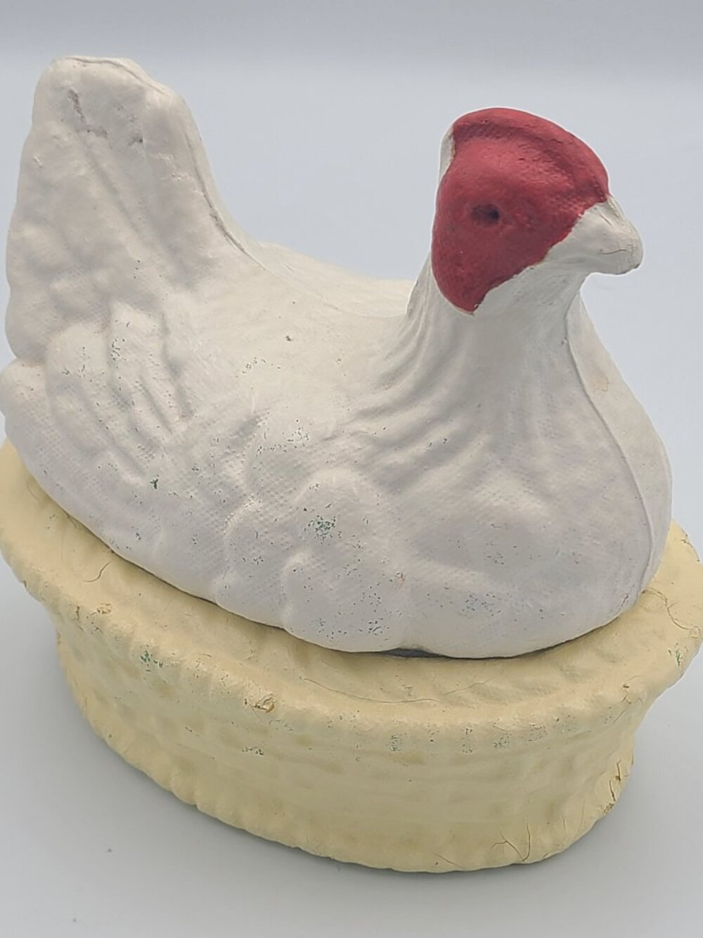 Antique FN Burt Co Paper Mache Hen On Nest Chicken Easter Candy Dish Cream White